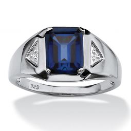 PalmBeach Jewelry Mens Platinum-plated Sterling Silver Emerald Cut Created Blue Sapphire and Diamond Accent Ring Sizes 8-16