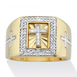 PalmBeach Jewelry Mens Yellow Gold-plated Sterling Silver Round Genuine Diamond Cross Ring (1/10 cttw, I Color, I3 Clarity) Sizes 8-16