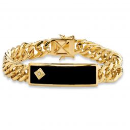 PalmBeach Jewelry Mens Yellow Gold-plated Emerald Cut Natural Black Onyx and Diamond Accent Link Bracelet (15mm), Box Clasp, 8 inches