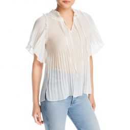Womens Tie Neck Pleated Blouse