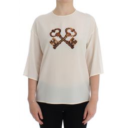 Dolce & Gabbana White Sequined Key Silk Blouse T-shirt Womens Top