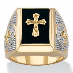 PalmBeach Jewelry Mens Yellow Gold-plated Emerald Cut Natural Black Onyx Textured Cross Ring Sizes 8-16