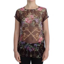 Dolce & Gabbana Black Key Floral Print Silk Blouse Womens T-shirt