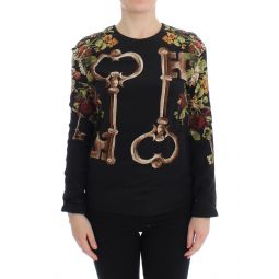 Dolce & Gabbana Black Key Floral Print Silk Blouse Womens Top
