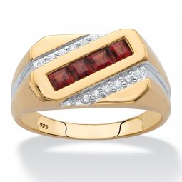 PalmBeach Jewelry Mens Yellow Gold-plated Sterling Silver Square Genuine Red Garnet and Diamond Accent Diagonal Ring Sizes 8-13