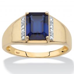 PalmBeach Jewelry Mens 10K Yellow Gold Emerald Cut Created Blue Sapphire and Diamond Accent Ring Sizes 8-13
