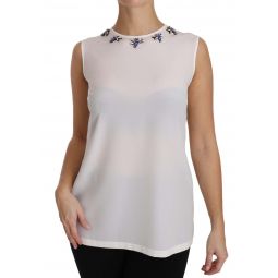 Dolce & Gabbana White Silk Embellished Crystal Dragonfly Womens Top