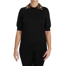 Dolce & Gabbana Black Cashmere Crystal Collar Top Womens T-Shirt