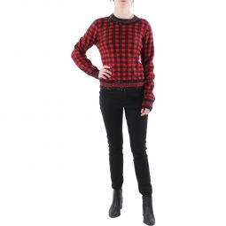 Womens Sequined Plaid Crewneck Sweater