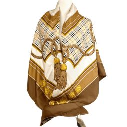 New Burberry Womens Brown Silk Large Scarf Shawl with Horse Tassel Print