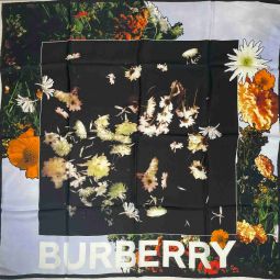 New Burberry Womens Black Silk Square Scarf with Flower Print
