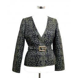 Gucci Womens Green Black Cotton Silk Acrylic Print Belt Runway Blazer Jacket