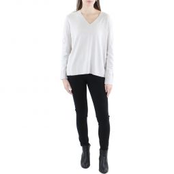 Relaxed Womens Embellished Ribbed Trim V-Neck Sweater