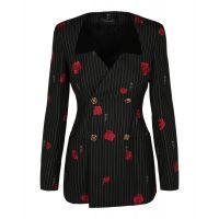 Versace Womens Rose Print Striped Double Breasted Blazer