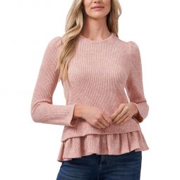 Womens Knit Ruffled Crewneck Sweater