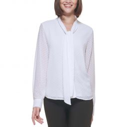 Womens Tie Neck Long Sleeve Button-Down Top