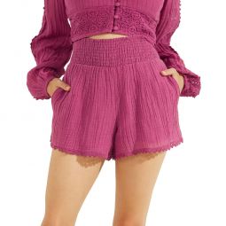Abigail Womens Smocked Crochet Trim High-Waist Shorts