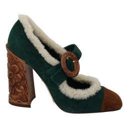 Dolce & Gabbana Chic Green Suede Mary Janes with Shearling Womens Trim