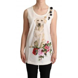 Dolce & Gabbana White Dog Floral Print Embellished Womens T-shirt