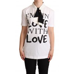 Dolce & Gabbana White Cotton Silk Blend Ascot Collar Womens T-shirt