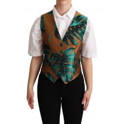 Dolce & Gabbana Green Jacquard Leaf Gold Waistcoat Womens Vest