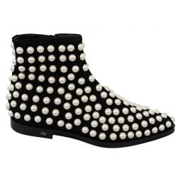 Dolce & Gabbana Chic Black Suede Ankle Boots with Womens Pearls