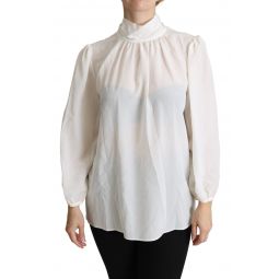 Dolce & Gabbana White Silk Pussy Bow Long Sleeved Top Womens Blouse