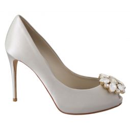 Dolce & Gabbana White Crystal Peep Toe Silk Blend Womens Heels