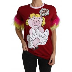 Dolce & Gabbana Red Pig Print Feather Sleeves T-shirt Womens Top