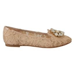 Dolce & Gabbana Elegant Beige Lace Vally Flats with Crystal Womens Accent