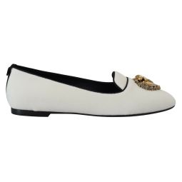 Dolce & Gabbana Elegant White Velvet Loafers with Gold Heart Womens Detail