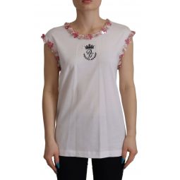 Dolce & Gabbana White DG Crown Floral Sequin Womens T-shirt