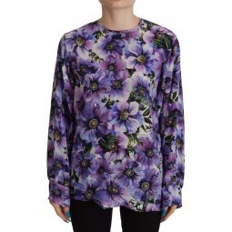 Dolce & Gabbana Purple Floral Silk Long Sleeve Top Womens Blouse