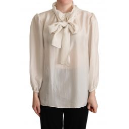 Dolce & Gabbana Light Gray Ascot Collar Shirt Silk Blouse Womens Top