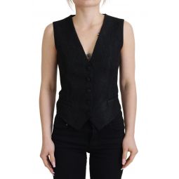 Dolce & Gabbana Black Brocade Button Down Sleeveless Vest Womens Top