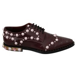 Dolce & Gabbana Elegant Bordeaux Lace-Up Flats with Pearls and Womens Crystals