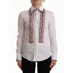 Dolce & Gabbana White Cotton Lace Long Sleeves Ruffle Collar Top Womens Shirt