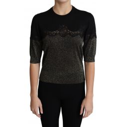 Dolce & Gabbana Black Shiny Lurex Lace Insert Pullover Womens Top
