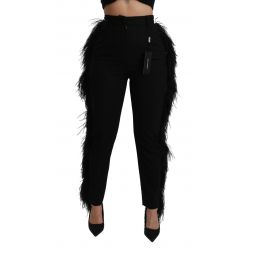 Dolce & Gabbana Black Feather Straight High Waist Wool Womens Pants