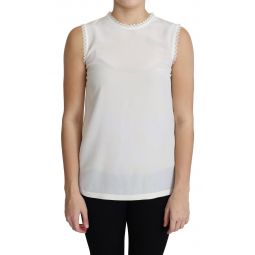 Dolce & Gabbana White Blouse Silk Lace Trimmed Sleeveless Womens Top