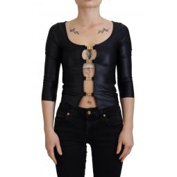 Dolce & Gabbana Black Cotton Stretch Open Chest 3/4 Sleeve Womens Top