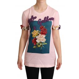 Dolce & Gabbana Pink Cotton Floral Roses Crewneck Womens T-shirt
