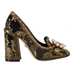 Dolce & Gabbana Gold Crystal Square Toe Brocade Pumps Womens Shoes