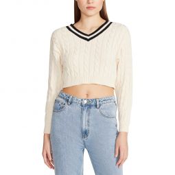Amika Womens Cable Knit Ribbed Trim V-Neck Sweater