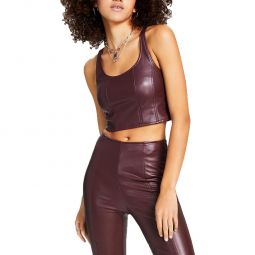 Womens Faux Leather Scoop Neck Cropped