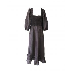Ganni Smocked Ruffled Hem Midi Dress in Black Silk