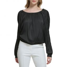 Womens Shirred Boat-Neck Blouse