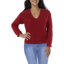 Womens Cable Knit Ribbed Trim V-Neck Sweater