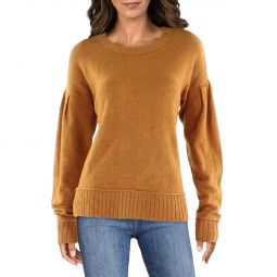Womens Ribbed Trim Puff Sleeve Crewneck Sweater