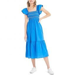 Womens Embroidered Smocked Midi Dress